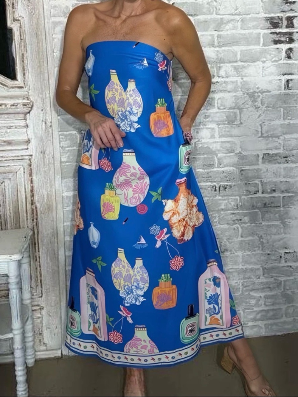 Rosa Clothing Fancy Perfume Bottle Print Strapless Maxi Dress New